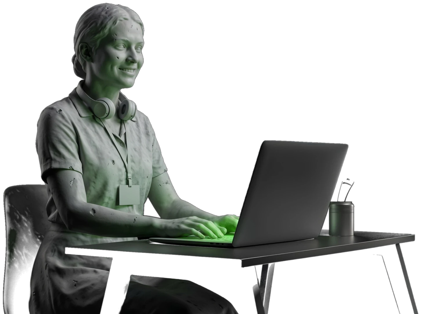 Estátua de mármore sentada à mesa, com crachá e headset, digitando num laptop que ilumina o rosto em verde
