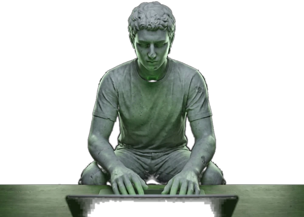Estátua de mármore de frente, mãos no teclado de um notebook aceso