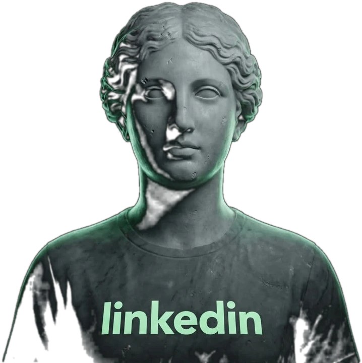 Busto de mármore de uma mulher com camiseta escrita linkedin